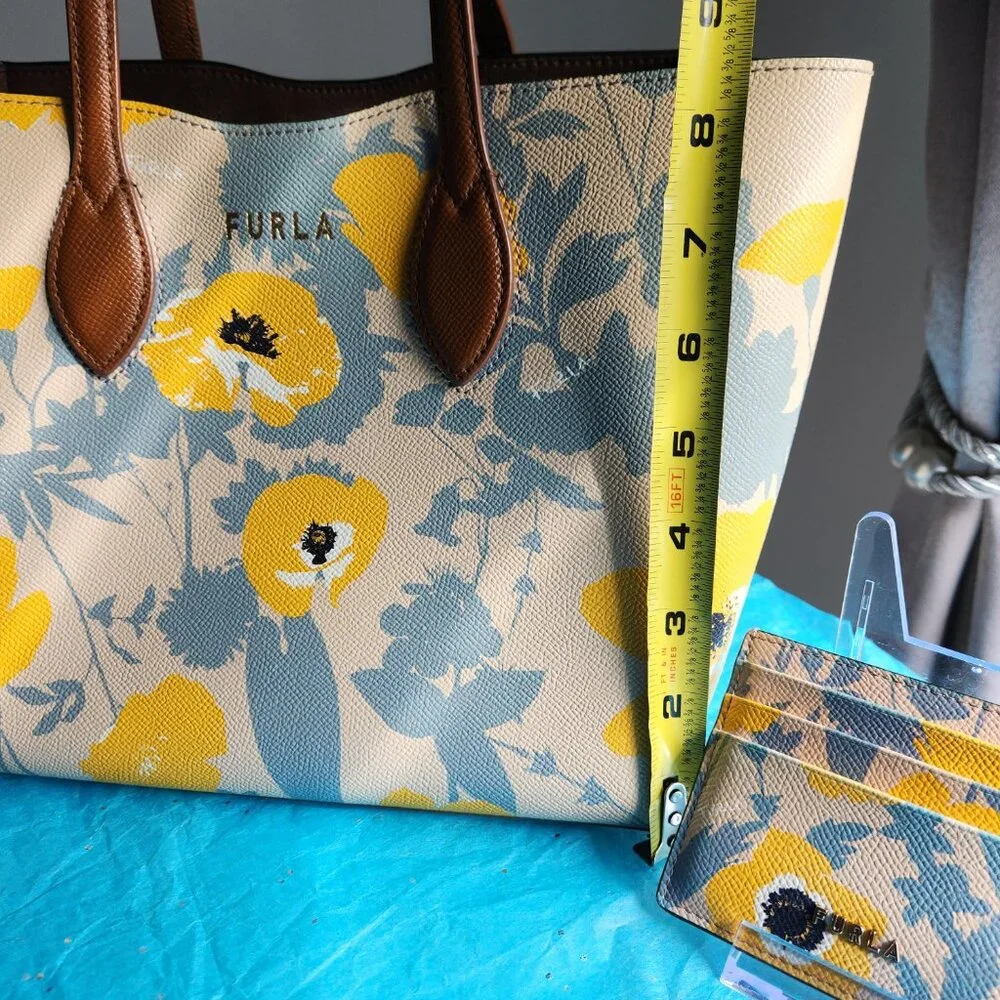 Furla Floral Yellow and Gray Print Leather Tote and card holder 3pc set - Picture 4 of 11